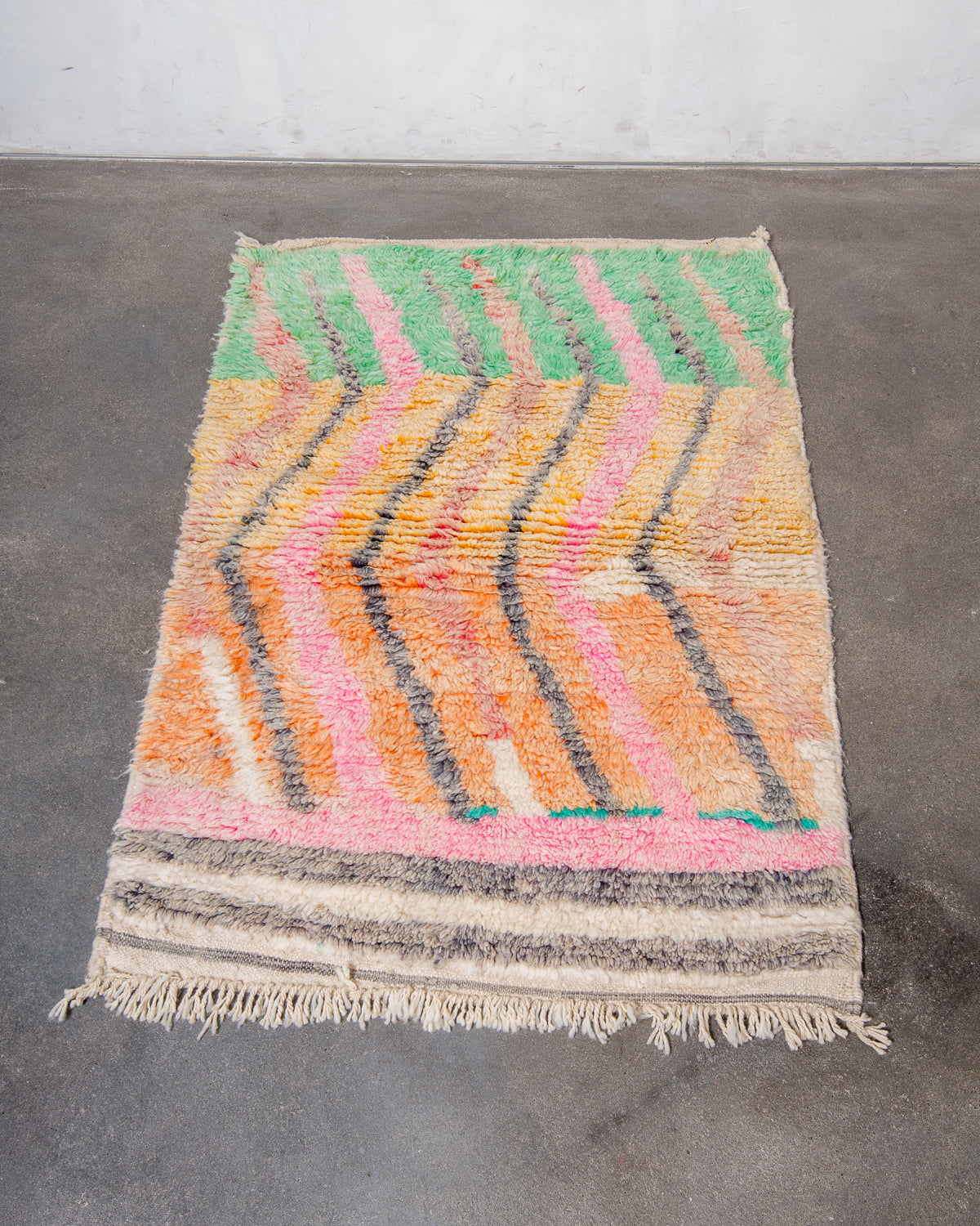Modern, designer, handcrafted Berber rug from Morocco. Vintage carpet with beautiful colours and patterns and fluffy texture.
